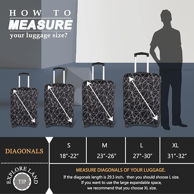 Explore Land Travel Luggage Cover Suitcase Protector Fits 23-26 Inch Case (Black Polygonal, M)