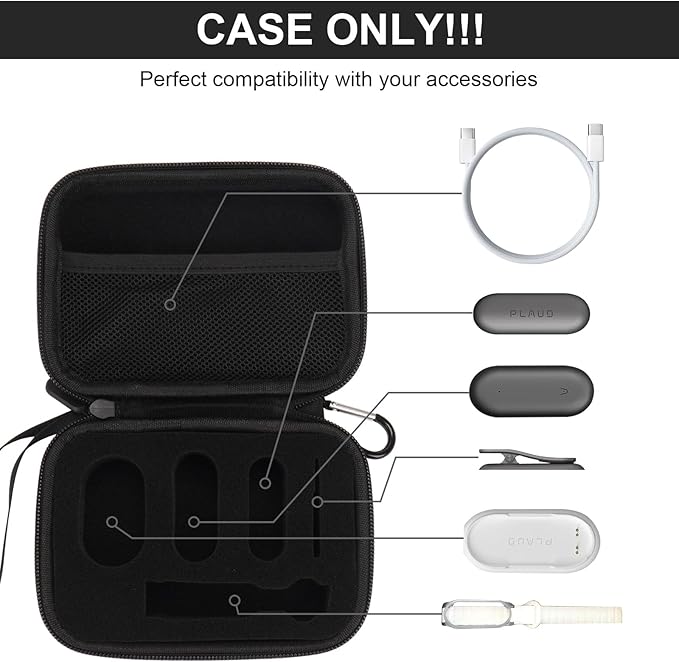 YouKnow Hard Case Compatible with PLAUD NotePin AI Voice Recorder - with Custom Foam Insert Holds Recorder, Magnetic Pin, Clip, Dock, Wristband & Cable (Case Only) (Black)