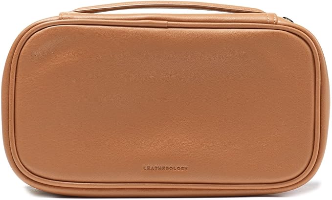 Leatherology Cognac Medium Travel Organizer - Zipped mesh storage pocket, elastic loops for organization, metal zipper with leather pull