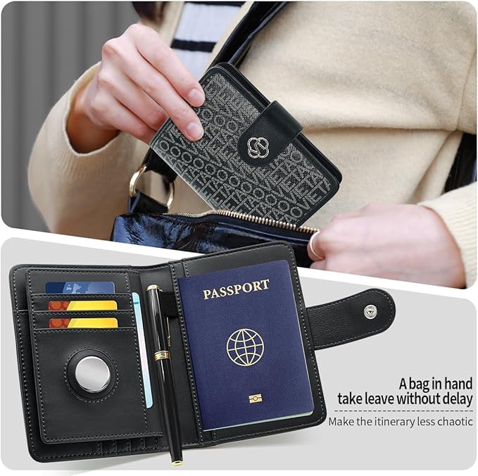 Passport Holder Wallet Bag with AirTag Holder, Card Slots Passport Solt Ticket Cash Solt, Photo Solt Sim Card Pen Slot.Black