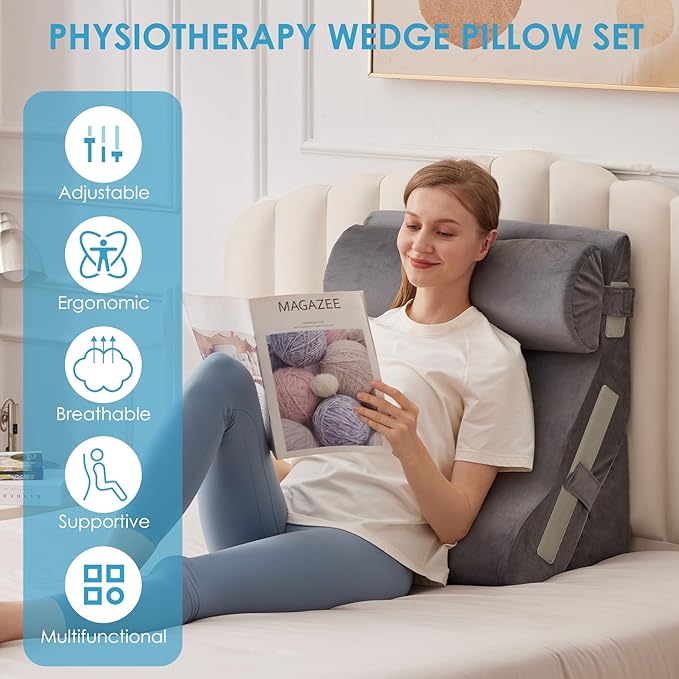 3PCS Bed Wedge Pillow for Headboard, Adjustable Wedge Pillow for Sleep Apnea, 23” Wide Triangle Pillow Wedge Set for After Surgery, Acid Reflux Relief, Snoring, Neck&Back Support, Grey