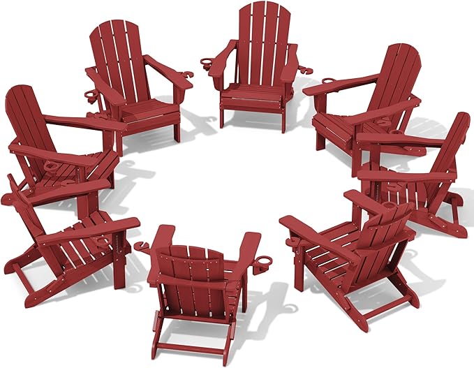 SERWALL Adirondack Chair with Cup Holders - Composite Adirondack Chairs Set of 8 HDPE Outdoor Chairs All Weather Use- Dark Red