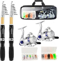 Fishing Pole Set Fishing Rod and Reel Combo,2PCS 1.9M/2.1M Collapsible Fishing Rod Set with 2 PCS Spinning Reels 2 Set of Lures Baits and a Carrier Bag,Prefect for Fishing Travel