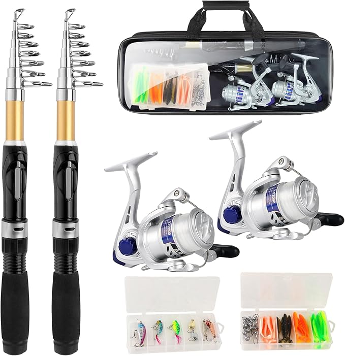 Fishing Pole Set Fishing Rod and Reel Combo,2PCS 1.9M/2.1M Collapsible Fishing Rod Set with 2 PCS Spinning Reels 2 Set of Lures Baits and a Carrier Bag,Prefect for Fishing Travel