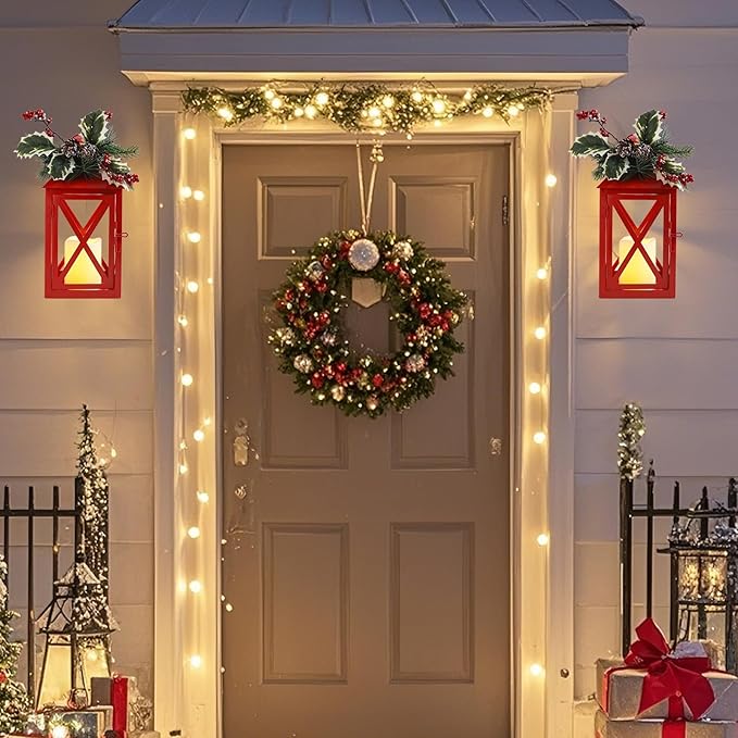 Christmas Lanterns Decorative Outdoor, Waterproof 14.2" Decorative Christmas Red Lantern Indoor Decor Metal Hanging Candle Holder LED Flameless Candle Lantern for Patio, Porch, 2 Packs
