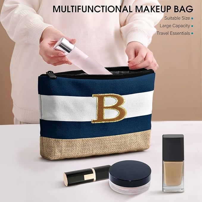 Becokan Beach Bag Initial Beach Tote with Makeup Bag for Travel Work Storage Personalized Birthday Gifts for Women Her