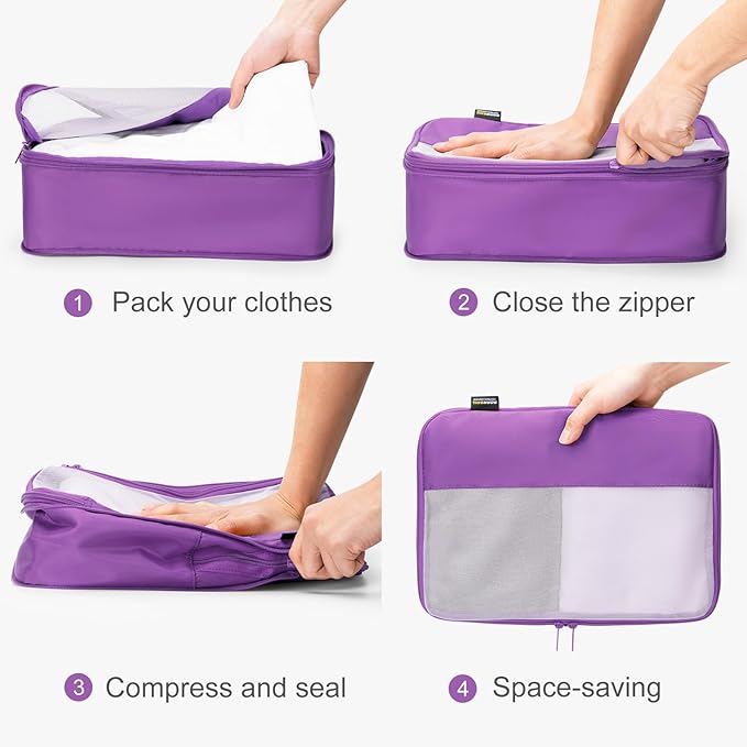5 Set Compression Packing Cubes for Travel, Space Saving Luggage Organizer Bags (Bright Purple)