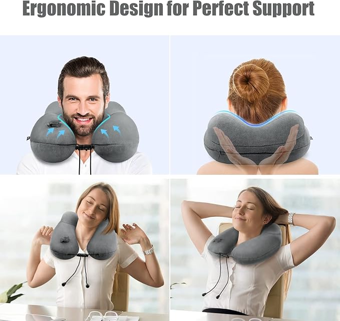 urophylla Inflatable Travel Neck Pillow for Airplanes, Super Soft Velvet Neck Support, Adjustable Firmness, Blow Up Plane Pillow for Long Flights, Road Trips, Travel Essentials with Eye Mask, Earplug