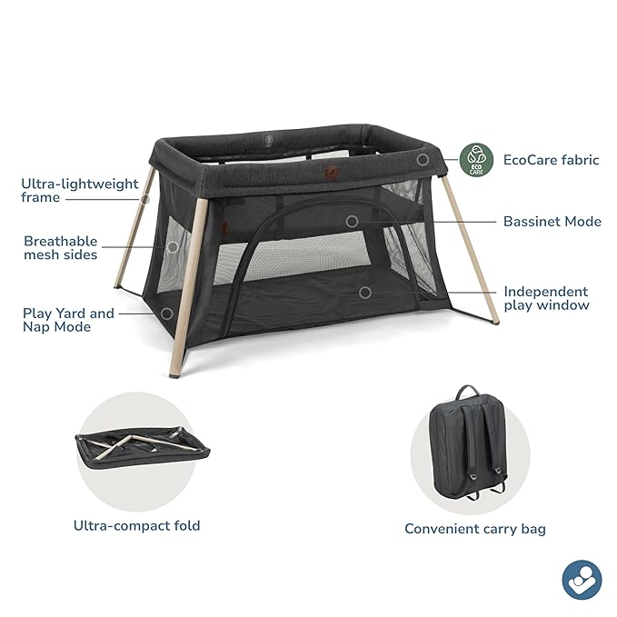 Maxi-Cosi Calao Travel Playard, Infant Bassinet, Toddler Playpen, Portable, Lightweight, Foldable, Easy Setup, with Carry Bag, Breathable Mesh, Classic Graphite