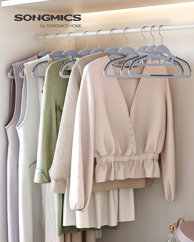 SONGMICS 30 Pack Coat Hangers, Heavy-Duty Plastic Suit Hangers, S-Shaped Opening, Space-Saving, 360º Swivel Hook, 16.3 Inches Wide, Light Gray and Dark Gray UCRP041G05