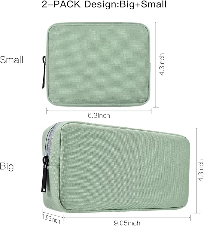 imComor Universal Electronics Accessories Case Bag, 2-Pack Portable Soft Carrying Case Bag Pouch Wire Cable Organizer for Hard Drive, Power Adapter, Laptop Mouse, Cosmetics Kit, Small+Big-Mint Green