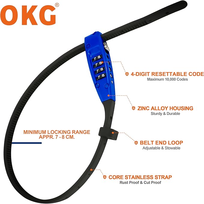 OKG 4-Digit Combination Zip Tie Lock - Anti-Scratch Stainless Steel Cable Bike Lock with Resettable Code, Secure Helmets, Skis, Prams, Luggage, Cabinet, French Doors, and More (Blue)