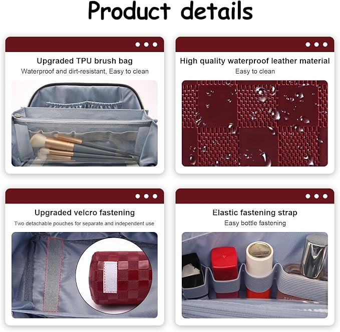 Travel Makeup Bag Organizer Cosmetic Bag: 3 Pcs Set Make up Bags for Women with Handle - Waterproof Vegan Leather Toiletry Bags with Comparments (C-11-Red)
