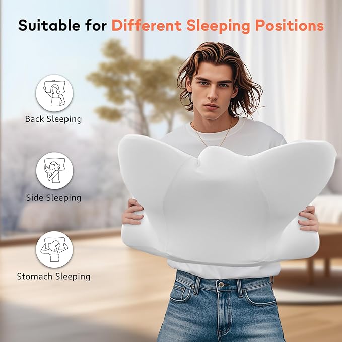 Dual-Height Cervical Neck Pillow for Pain Relief, Memory Foam Pillows with Cooling Tech -3D Ergonomic Support, Cooling Cover, for Side/Back/Stomach Sleeper Pillow, Minimalist Style - White