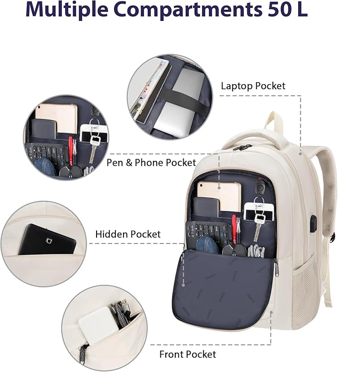 MATEIN Extra Large Travel Backpack for Women, 18 Inch TSA College Backpack with Multiple Pockets and USB Charging Port, 50 L Business Work Carry On Computer Bags, Cream Beige