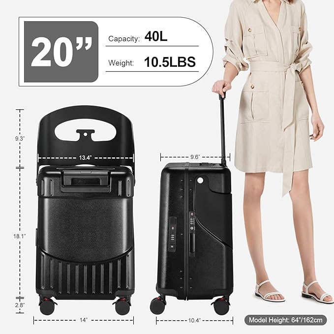 Ride On Luggage with Foldable Seat for Kids&Adults with Seat Belt,Hardshell Ride On Suitcase with Front Pocket,Lockable 4-Spinner Wheels,USB Port,TSA Lock,20 inch,Black