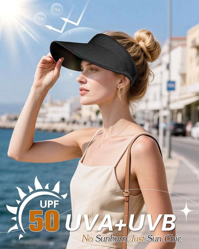 Sun Visor Hats for Women,UPF50+ Wide Brim Sun Hats Adjustable Foldable Beach Hats for Daily Travel