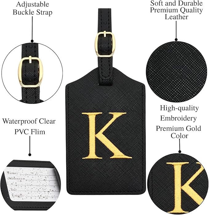 Luggage Tag PU Leather for Suitcase Baggage Handbag Travel Bag Label Suitcase Tag Label Tag w. Name Card & Privacy Cover (K)