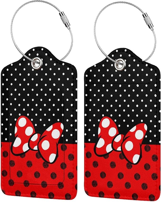 2 Pack Luggage Tags for Suitcase,Mouse Red Bow PU Leather Travel Luggage Tag with Privacy Flap, Name ID Label and Metal Loop for Women Men Suitcase Baggage Bag Backpack