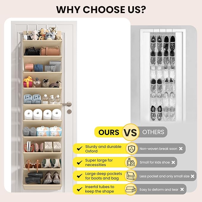 Over the Door Shoe Organizer for Closet, Shoes Rack with 10 Tier PVC Window Deep Pockets, Hanging Shoe Organizers for Boot Storage, Behind the Door Narrow Shoe Holder for Small Shoes, Beige