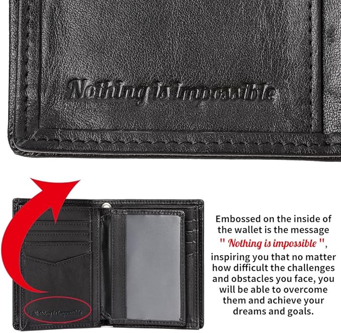 Holder for AirTag Men's Wallet Genuine Leather Purse RFID Blocking Bifold with Anti-Theft Chain,Black with Gift Box (BLACK)