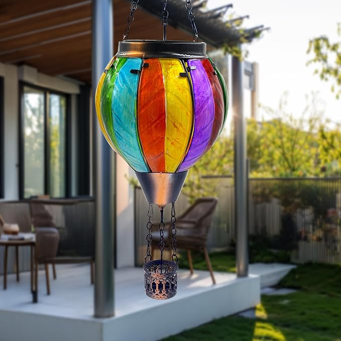Colorful Hot Air Balloon Solar Lantern with Flickering Flame Light Glass Hanging Solar Lanterns Outdoor Waterproof for Garden Tree Yard Patio Party Decor