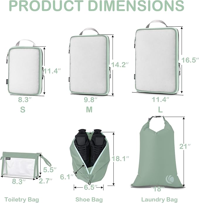 Cipway Compression Packing Cubes Mesh, Lightweight Luggage Organizer Bags with Laundry Bag,Toiletries Bag and Shoe Bag, Travel Essentials for Carry on Suitcase（8 Pcs,Sage Green）