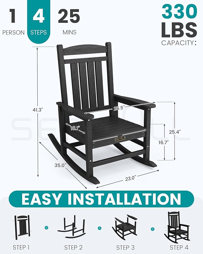 SERWALL Outdoor Rocking Chair Set of 2, HDPE Patio Rocking Chair All-Weather Porch Rocker for Balcony, Yard, Black