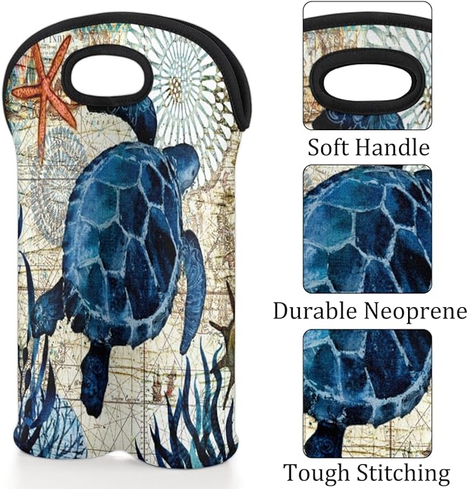 Vintage Sea Turtle 2 Bottle Wine Carrier Tote Bag Insulated Neoprene Portable Wine Cooler for Travel Picnic Beach