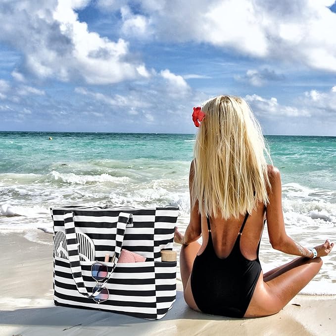 LEDAOU Beach Bag Waterproof Sandproof Women Tote Bag Pool Bag with Zipper for Gym Grocery Travel with Wet Pocket