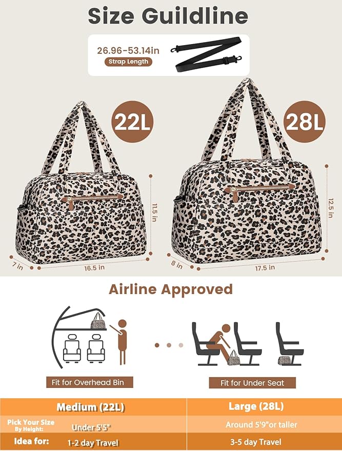 Travel Duffle Bag,Puffer Carry On Duffel Bag with Laptop Compartment Waterproof Overnight Weekender Bags for Women Large Hospital Tote Bags for Labor and Delivery(Medium,Leopard)