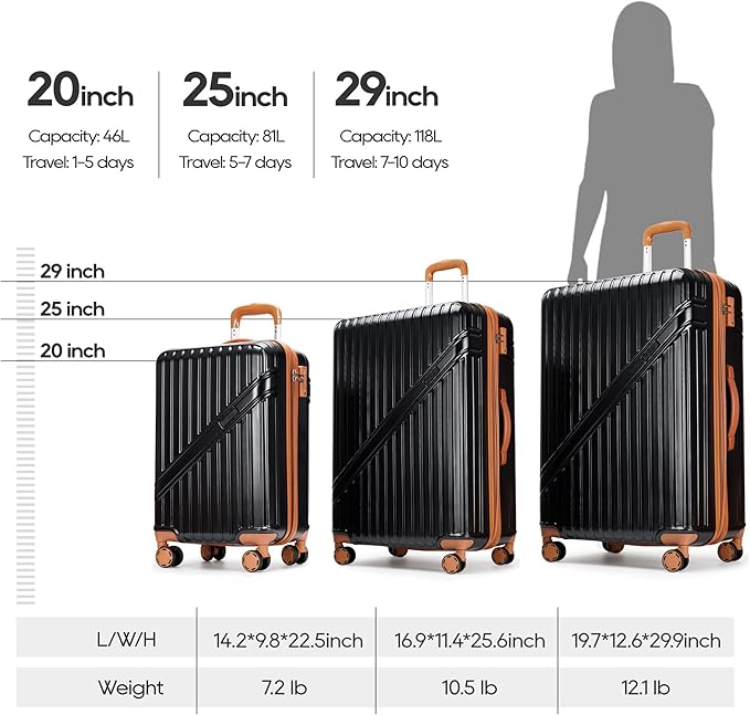 GinzaTravel Luggage Sets 3-Piece Expandable Suitcases with Wheels PC+ABS Durable Hardside Luggage sets TSA lock