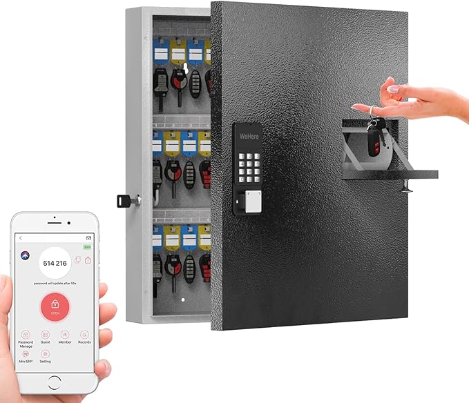 WeHere 56 Keys Lock Box, Key Cabinet with Key Drop Slot, APP Bluetooth/OTP/Wi-Fi, Fixed Code/Key Unlock, Large Key Return Box for Hotel,Car Dealerships,Realtors,Office,School
