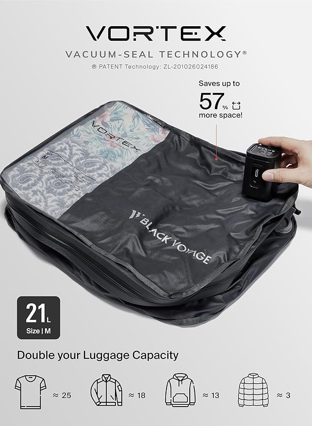 Black Voyage Reusable Vacuum Compression Travel Bag for Carry-On Suitcase and Backpack, Recycled IP67 Waterproof Space Saver Vacpack (1-Pack, 21L - No Pump)