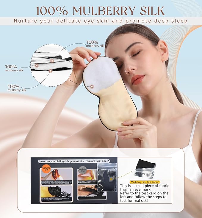 HiRui Silk Sleep Mask, 100% Natural Mulberry Silk of Double-Sided & Inner-Filling, Ultra-Smooth Soft, Adjustable Strap, Blocks Light for Night Sleeping, Travel, Office Naps (Champagne)