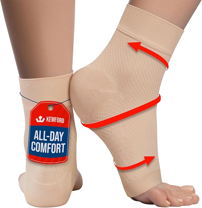 KEMFORD Ankle Compression Sleeve - Plantar Fasciitis Braces - Open Toe Compression Socks for Swelling, Sprain, Neuropathy, Foot Arch Support for Men and Women - 15-20mmhg, 2XL, Beige