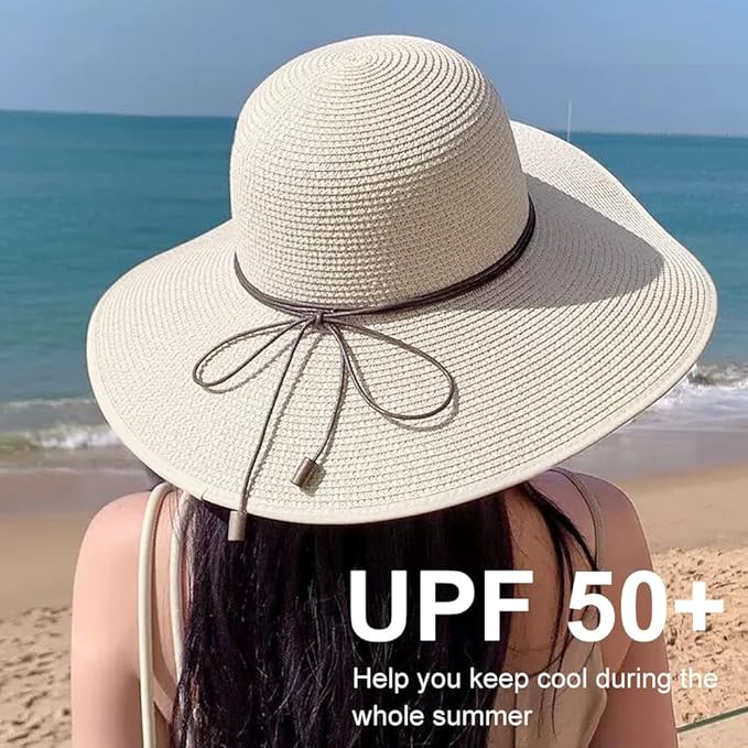DRESHOW Beach Hats for Women Big Straw Wide Brim Summer Hat Floppy Foldable Roll up Cap Sun Hat UPF 50+