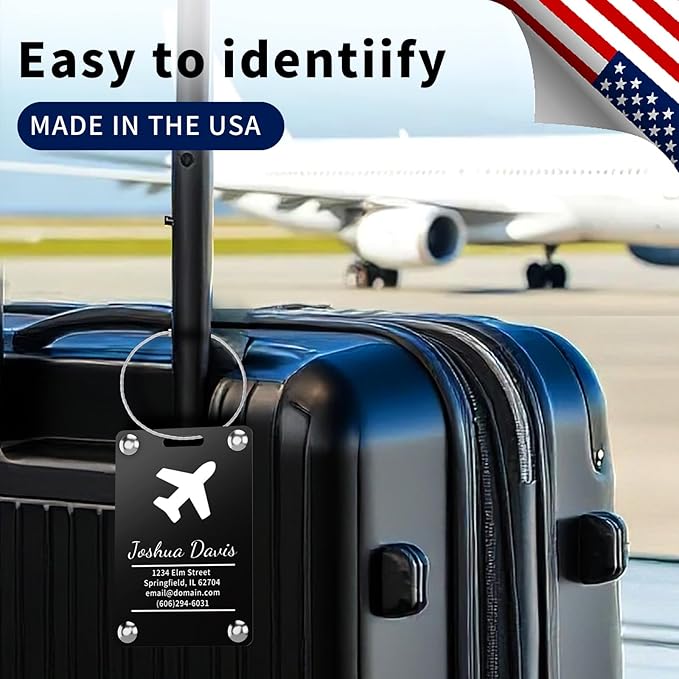 6 Pack Personalized Luggage Tags for Suitcases, Handmade Engraved Stainless Steel Custom Luggage Tags for Cruise Travel with Stainless Loop, Suitcase Identifier Metal Name Baggage Tag