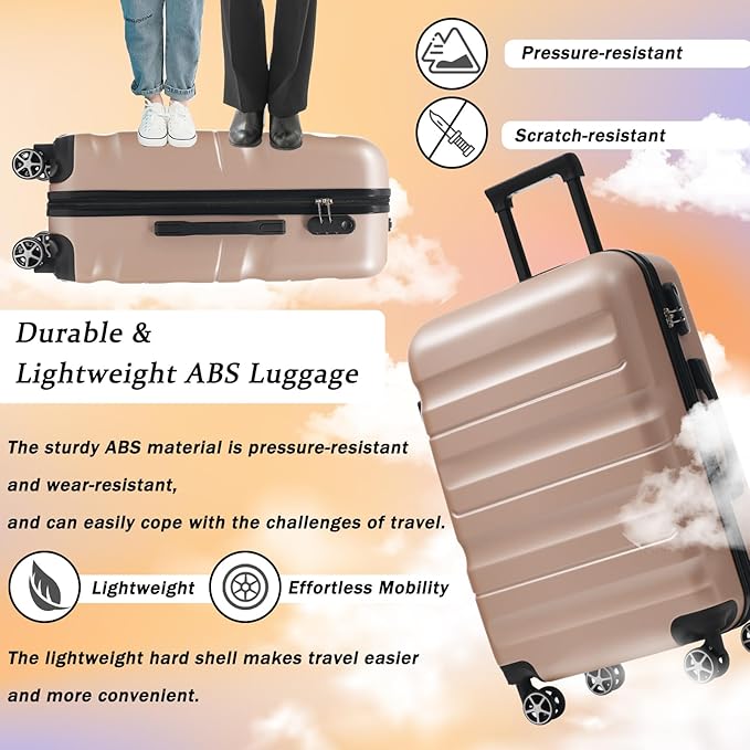 Merax Luggage Set 6 Piece, Hardshell ABS Suitcases with 8 Silent Spinner Wheels, Durable and Lightweight Travel Luggage for Family Trips, Champagne