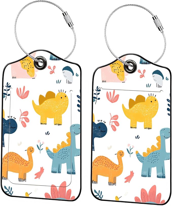 Luggage Tags for Suitcases, 2-Pack PU Leather for Cruise & Travel, Baggage ID Tags with Privacy Cover & Address Card, Durable Metal Ring, Kids Adults Travel Accessories, Playful Dinos