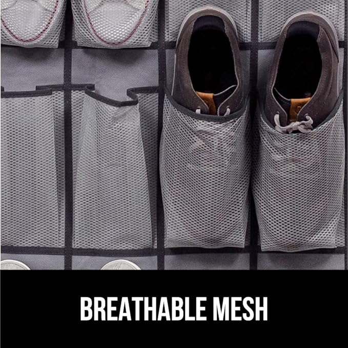 GORILLA GRIP Over the Door Shoe Organizer, 2 Pack, 24 Breathable Mesh Pockets, Space Saving Hanging Storage Holder, Closet Rack Hanger Holds Up to 40 lbs, Hangs on Closets, Shoes, Accessories, Gray