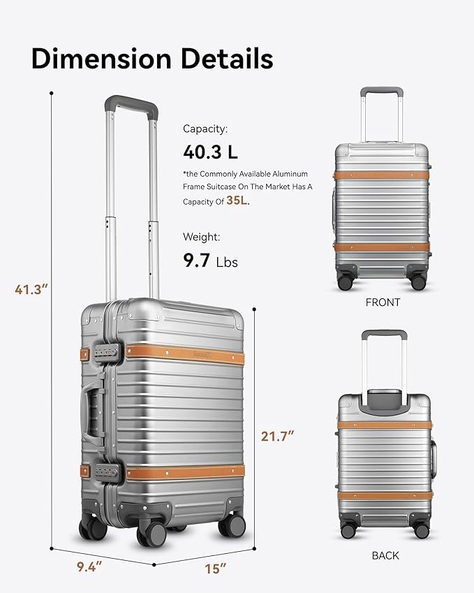 LUGGEX All Aluminum Carry On Luggage with Wheels - Zipperless Hardshell Suitcase with TSA Lock (Matte Silver, 2-Piece (20/Backpack))