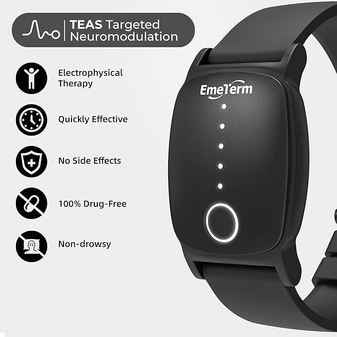 EmeTerm Explore FDA-Cleared Anti-Nausea Wristband IP67 Waterproof Morning Motion Sickness Relief Band Rechargeable Classic Strap Design Drug Free Non-drowsy Without Side Effects Galaxy Black