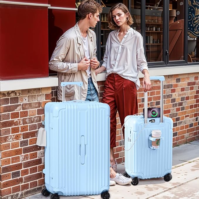 Krute Luggage with Spinner Double Wheels Suitcases with USB Port and Cup Holder TSA Lock PC+ABS Hardside Checked Luggage 28 Inch (LightBlue)