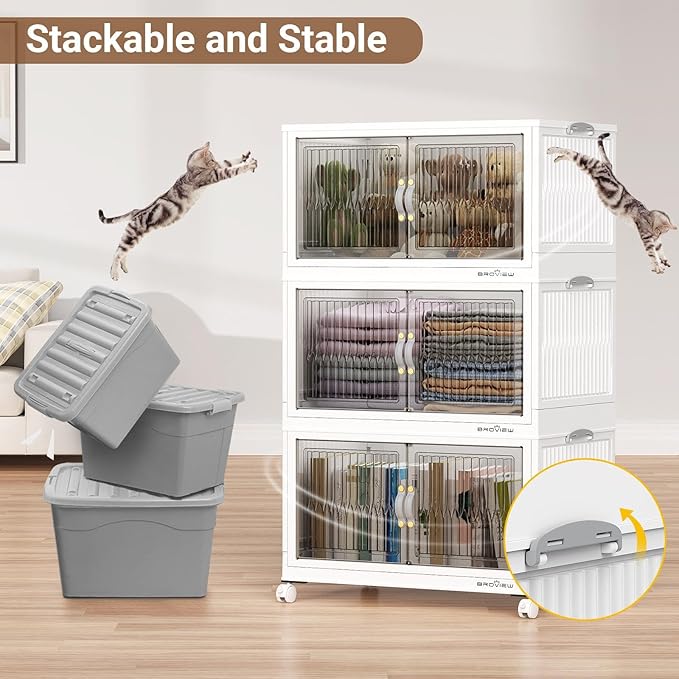 BROVIEW 300Qt Stackable Storage Bins with Lid, Extra Large Closet Organizer Collapsible Drawer Boxes with Wheels, Folding Plastic Cabinet Containers for Home Kitchen Room Organization, 3Pack White