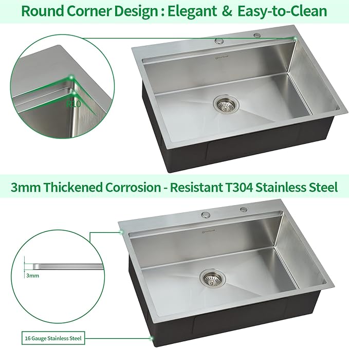 Kitchen Sink, 30 x 22 x 10 Drop in Kitchen Sink 16 Gauge Stainless Steel Kitchen Sinks Single Bowl Workstation Sink with Cutting Board