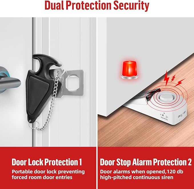 Portable Door Lock Alarm - Dual Protection Security, 120DB Siren, Sturdy Rubber Door Stopper Wedge for Home & Travel