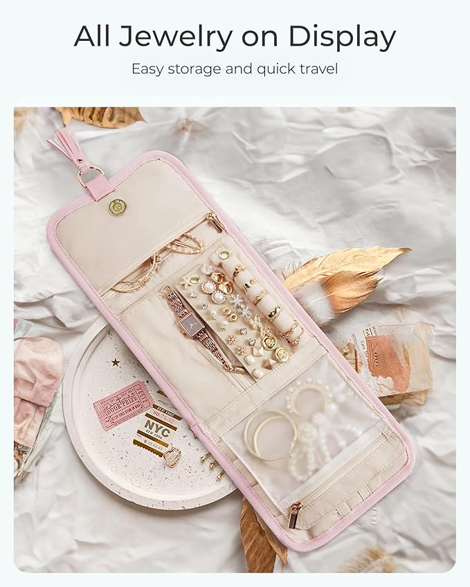 BAGSMART Travel Jewelry Case Organizer, Roll Foldable Jewelry Case for Journey-Rings, Necklaces, Earrings, Bracelets, Brooches, Min, Beige