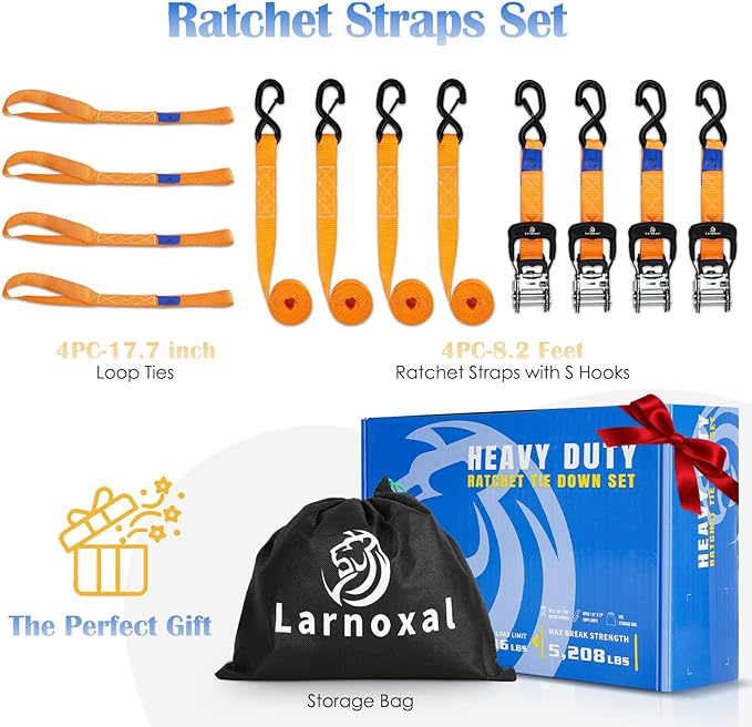 Ratchet Straps 4 Pack - 5,208 Lbs Break Strength 1.5 in x 8.2 Ft Heavy Duty Ratchet Tie Down Straps with S Hooks Set for Truck, Cargo Van, Trailer, Motorcycle (Orange)