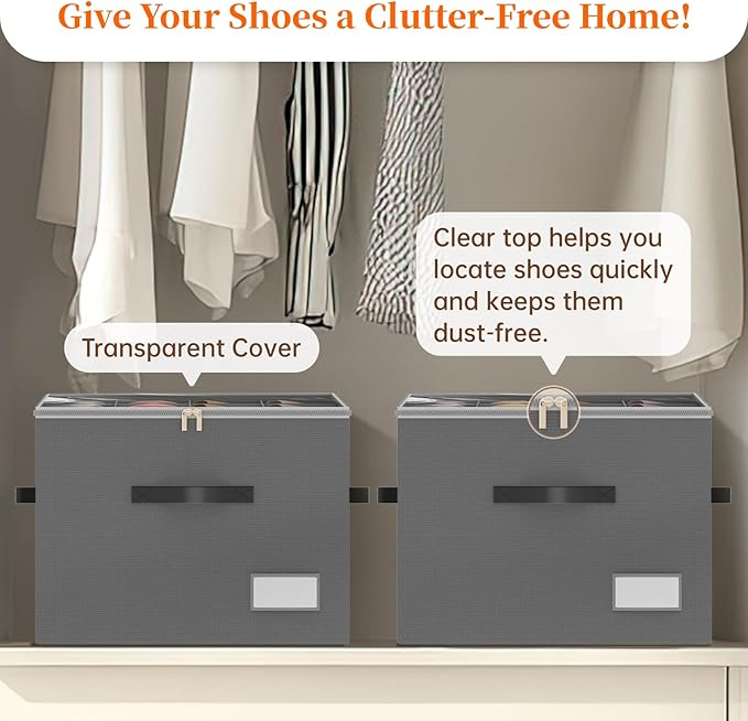 Shoe Organizer for Closet, Foldable Shoe Storage Containers, Fits up to 16 Pairs, Large Shoe Storage Organizer Box Cubby Baskets Bins with Clear Cover and Reinforced Handles, Gray
